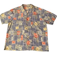 Tommy Bahama Shirt Mens Large Blue Silk Button Up Hawaiian Hibiscus Tiki Cruise