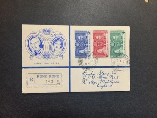 Hong Kong 1937 FDC 1st day cover to Ruislip England King George VI Coronation