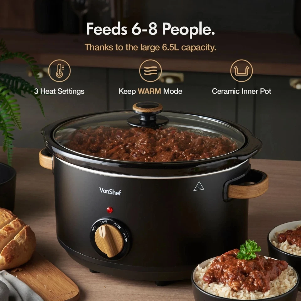 VonShef Slow Cooker 6.5L - Removable Non-stick Ceramic Bowl & Tempered Glass Lid - Image 2 of 4