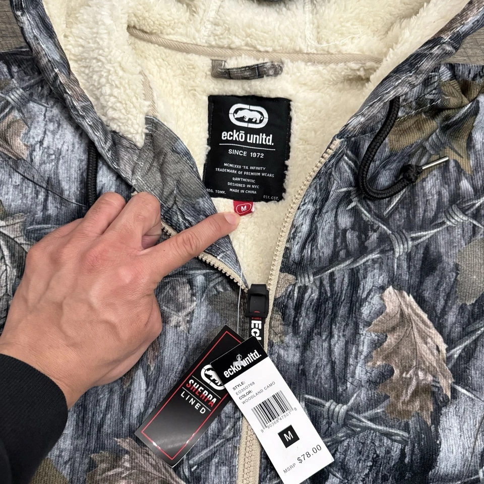 NUEVO CON ETIQUETAS Ecko Unltd Sudadera con Capucha Para Hombres Talla M Woodland Camuflada Sherpa Forrada Ropa de Calle Chaqueta Y2K Foto 3 de 4