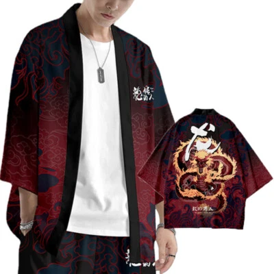 Herren Drachen Offene Vorderseite Mantel Bademantel Japanisch Kimono Strickjacke - Bild 1 von 4