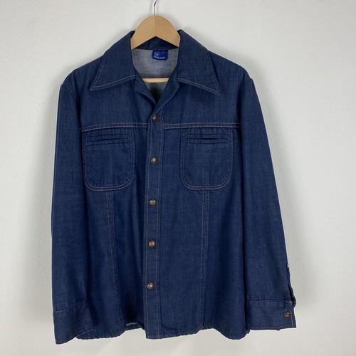 Sears Rockabilly Mens M Jeans Joint Vintage 70's Blue Denim Button Down Shirt - Picture 5 of 12
