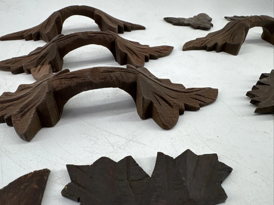 4 Antique Walnut Dresser Drawer Pulls And Assorted Decorative Carvings - Image 4 of 4