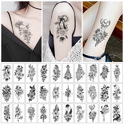 30pcs Women Temporary Tattoo Sticker Black Rose Flower Fake Body Hands Arm #R