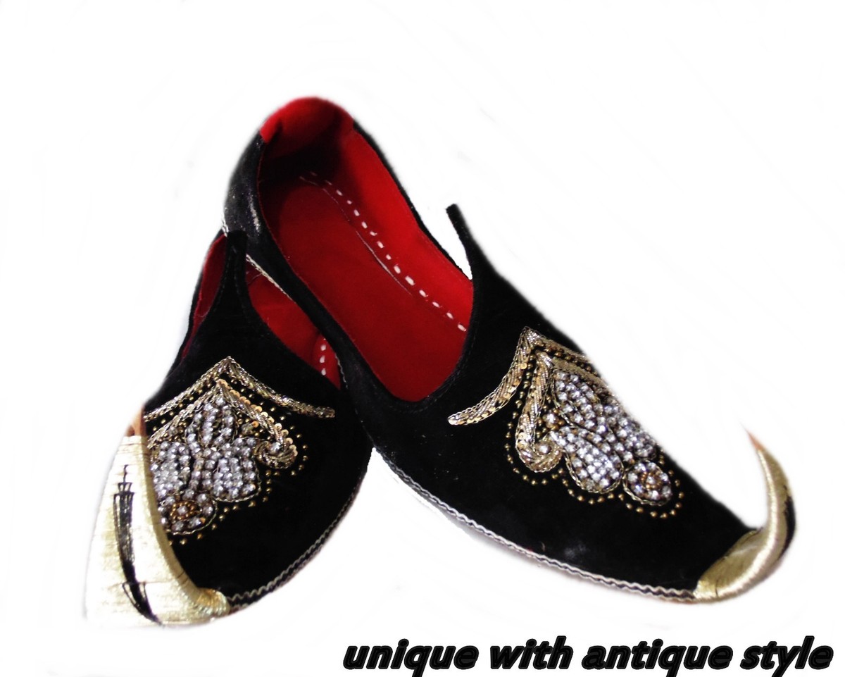 US 7-11 MEN HANDMADE VALVET BLACK LEATHER BEDED EMBRIDRY KHUSSA