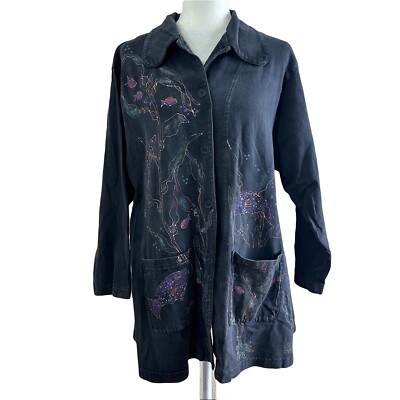 Pacificotton Byran Walker Cotton Charcoal Button Down Handpainted Top Women's S