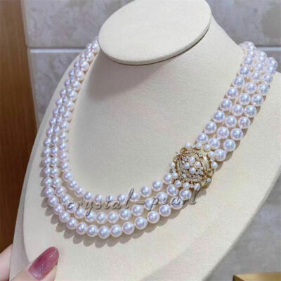 Triple Strands AAA 7-8mm Natural Akoya White Pearl Necklace 18'' Silver