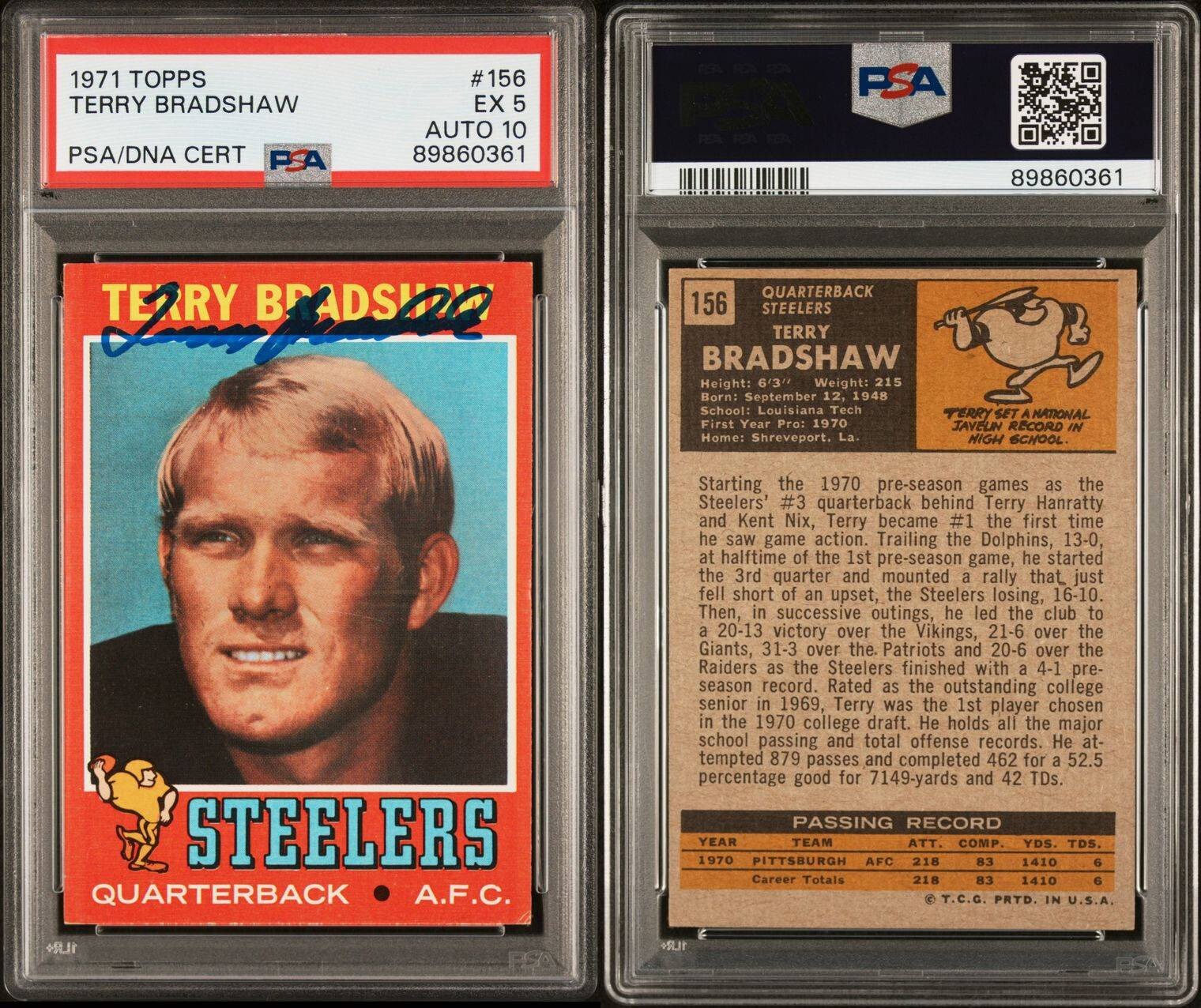 1971 Topps Autographed Terry Bradshaw Rookie Card PSA 5 DNA AUTO 10 #89860361 view 3