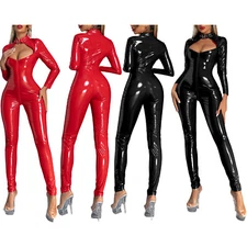 US~ Women Naughty Leather Zipper Bodysuit Long Sleeve Latex Jumpsuits Clubwear