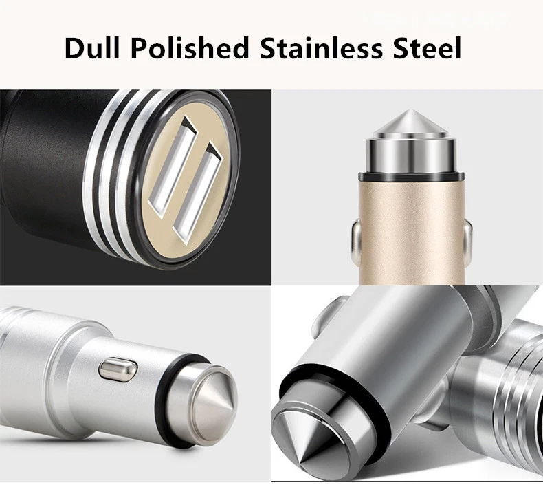 Emergency Safety Hammer Stainless Steel Dual Ports USB Car Charger Adapter Plug - Image 2 of 4