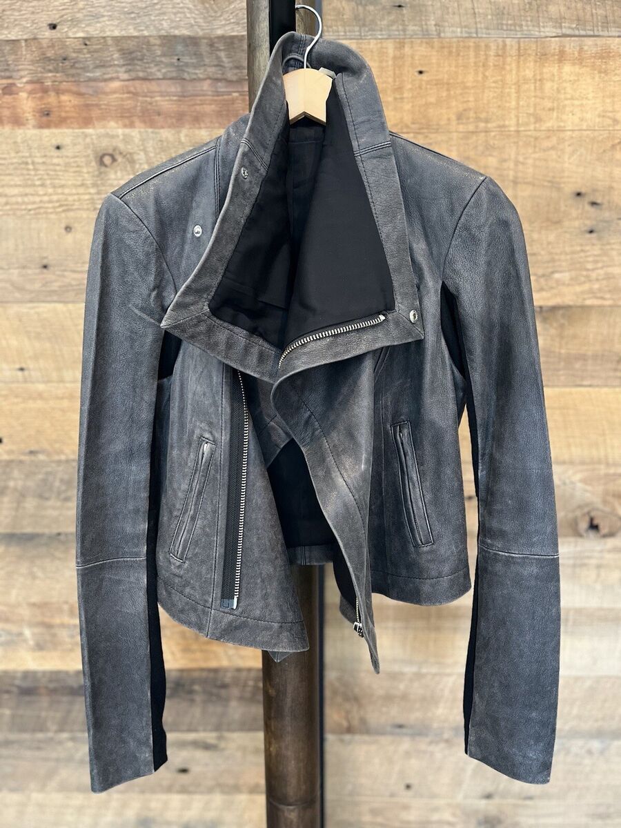 VEDA Gray Distressed Max Leather Jacket, Black Lining, Cowl VEDA Gray Distressed Max Leather Jacket, Black Lining, Cowl