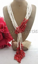 3Strds 50" White Pearl red Coral Necklace Long necklace