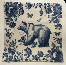 Chinoiserie Blue Ivory Bear Floral Botanical Linen Throw Pillow Cover Home Decor