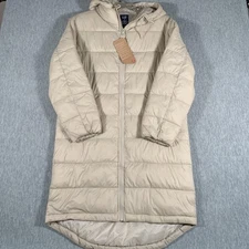 GAP Jacket Womens Small Beige Hooded Long Puffer Coat Water Resistant Primaloft