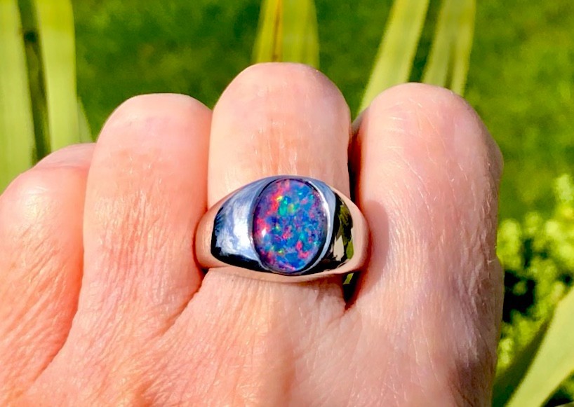 Solid Australian Opal Cabochon men's ring 9 S Semi-black Red fire Sterling 925 image 7