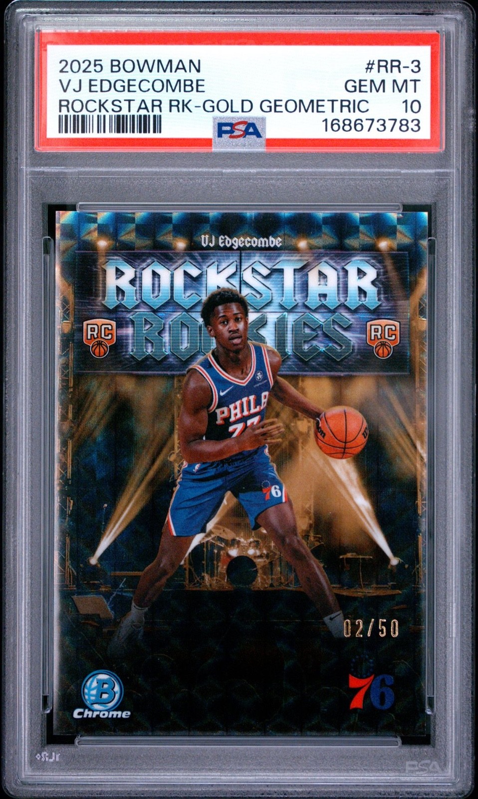 2025-26 Bowman Chrome VJ Edgecombe Rockstar Gold Geometric /50 RC #RR-3 PSA 10