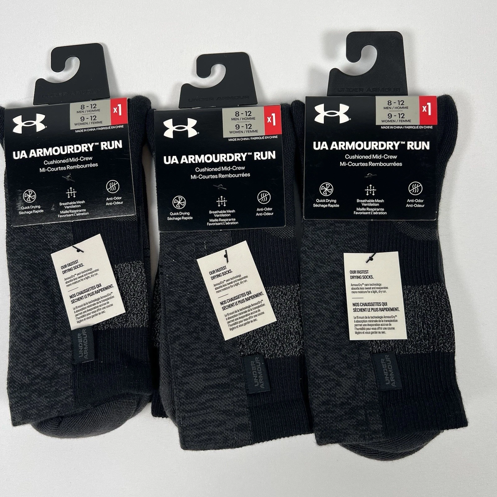 Under Armour UA Armourdry Run Mid Crew Socks in Black/Gray Men 8-12 Large 3 Pair