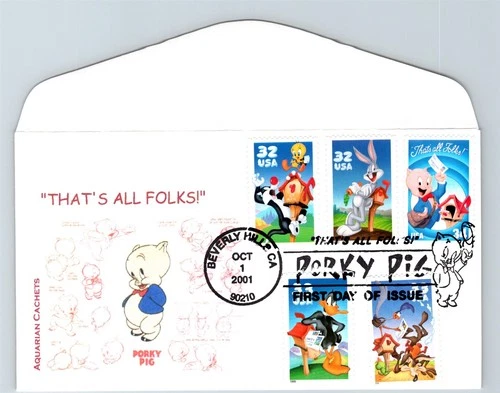 S06-4322, PORKY PIG, COMBO, AQUARIAN CACHETS, FIRST DAY COVER