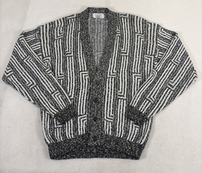 Vintage Jed Medium Geometric 80s Cozy Grandpa Sweater Cardigan Black & White