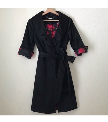 White House Black Market Women's Black Belted Trench Coat Floral Lined L