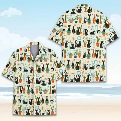 Cat Mid-Century Modern Plant Aloha Cat Lovers Summer Hawaiian Shirt