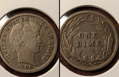 1900 Barber Dime - 90% Silver Coin - Great Detail - FINE- #012