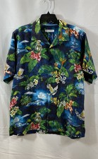 Tommy Bahama Men's Linen Hawaiian Camp Shirt Blue Tropical Parrot Print L