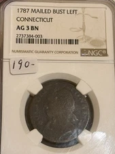 1787 Connecticut Colonial Copper Mailed Bust Left NGC AG3 Bn