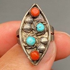 Petite Vintage Zuni Native Snake Eye Turquoise Coral Silver Ring Size 4.25