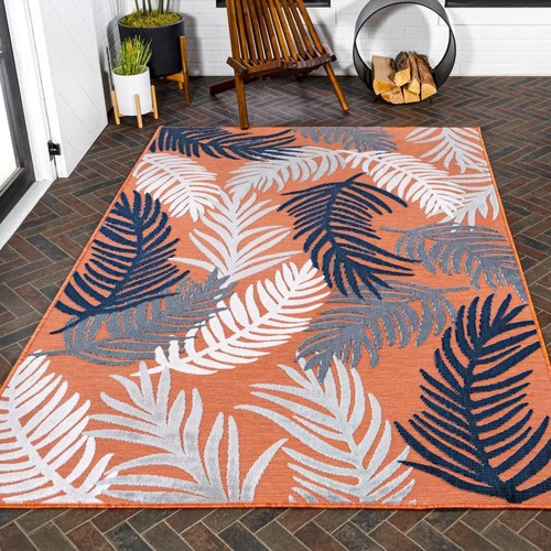 Montego Orange/Navy/Ivory 8 ft. x 10 ft. High-Low Tropical Palm Indoor/Outdoor - Picture 5 of 12