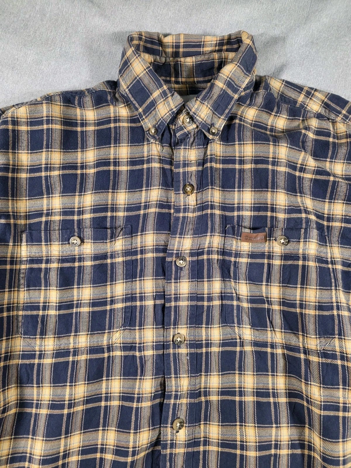 Carhartt Shirt Mens Large Blue Yellow Plaid Flannel Midweight Outdoors