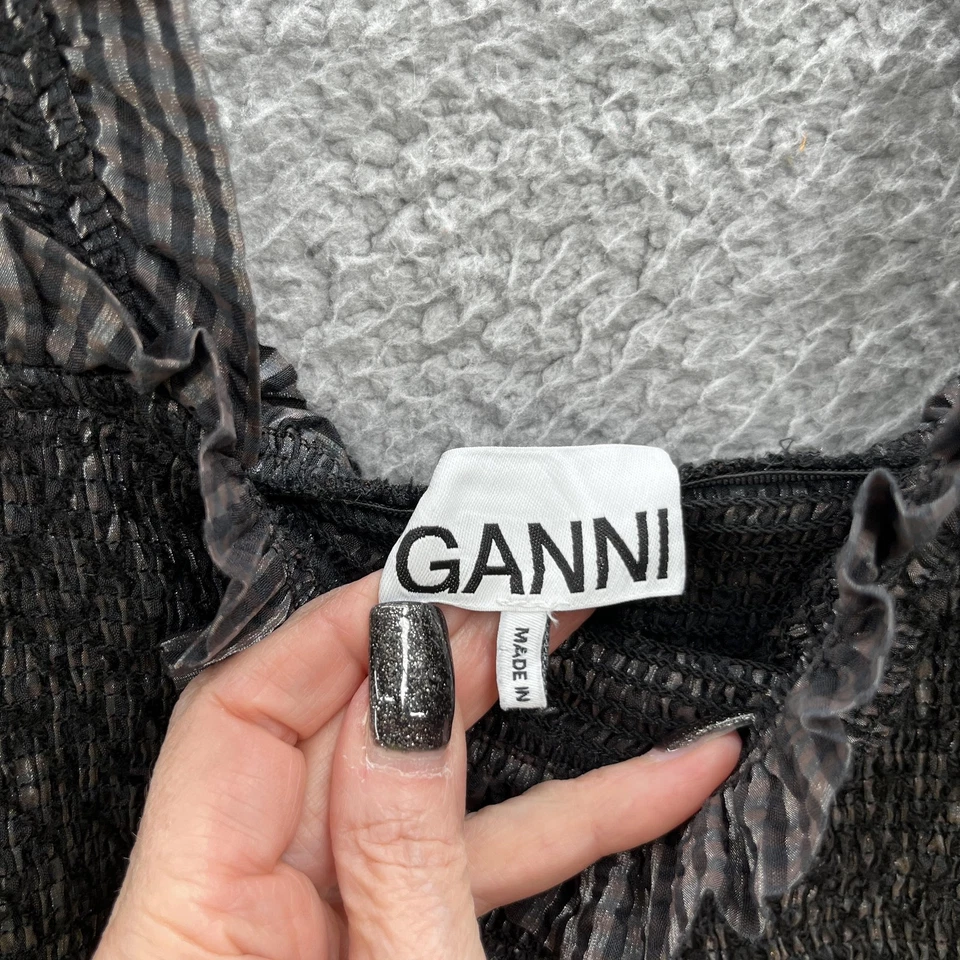 Ganni Dress 2 Black Gray Shirred Gingham Puff Sleeve Midi Maxi Ruffle Hem - Image 3 of 4