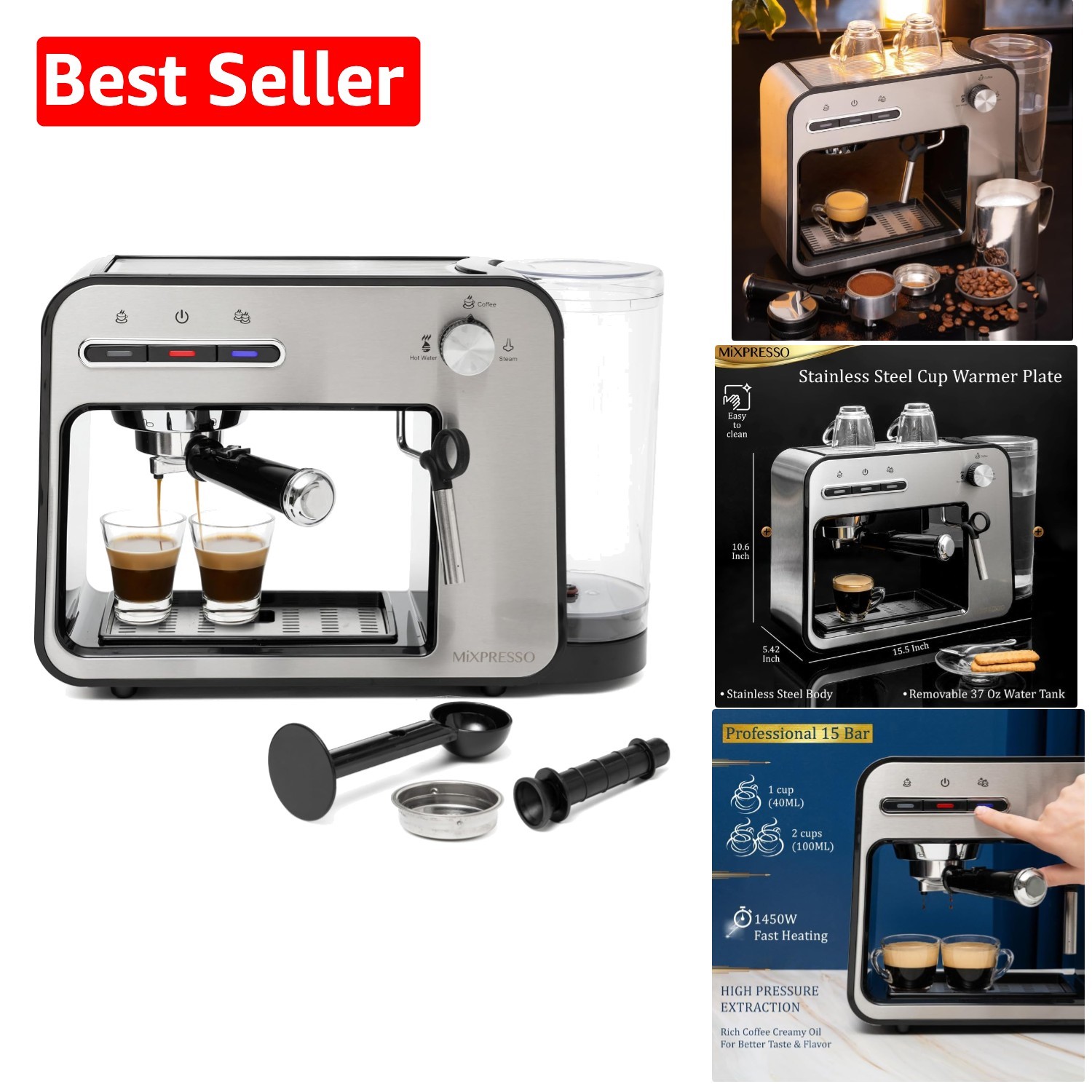 Fully Automatic Espresso Machine with 37oz Water Tank & Steam Wand Attachment