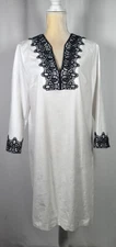PRESTON & YORK  Women Shift Dress 8 Tunic Stretch 3/4 Sleeve Linen Embroidered