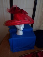 Ladies Red Dress Straw Hat w/Netting Bow And Red/Black Feathers, Church, Derby