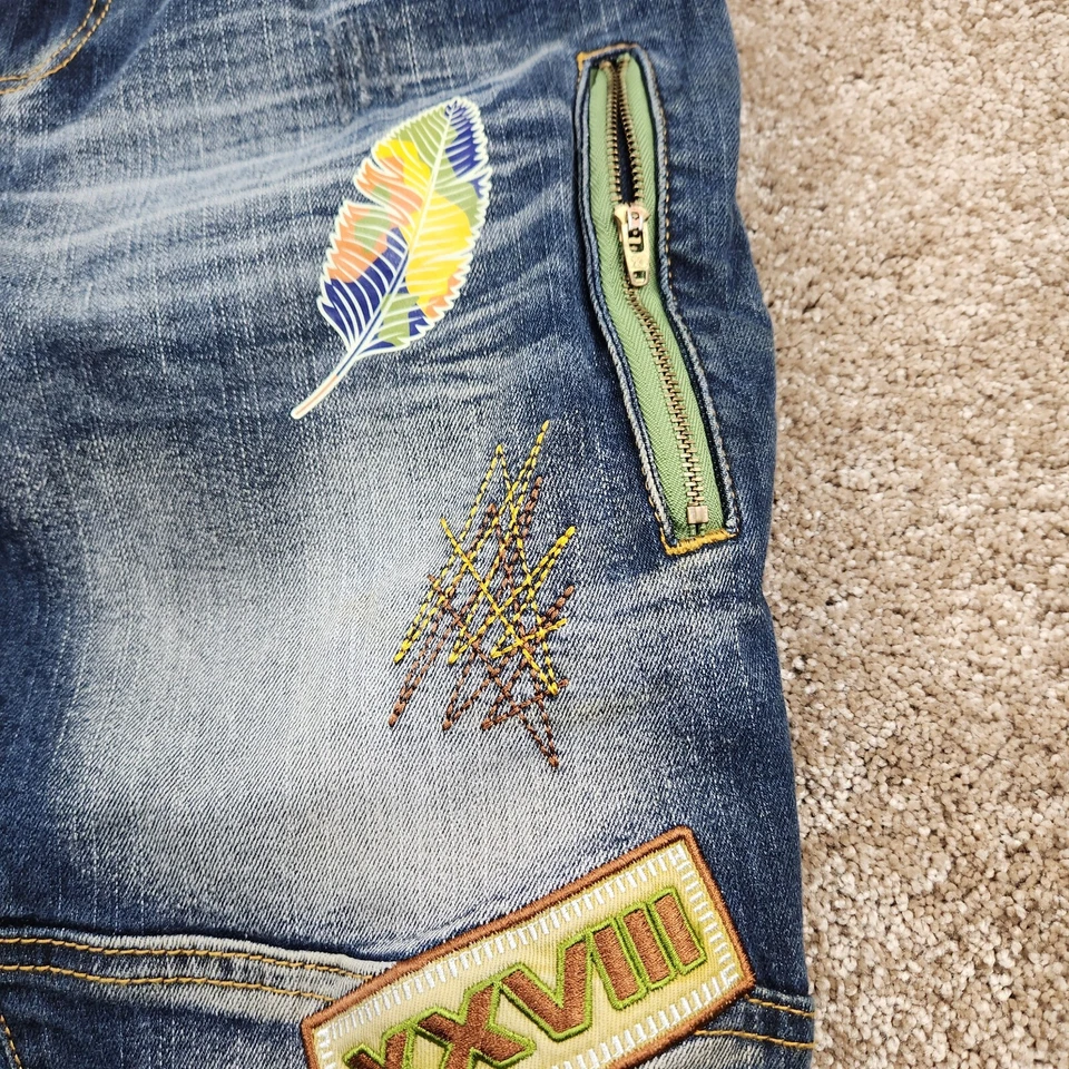 Pantalones de mezclilla azul parche bordado muy desgastado Y2K Blac Leaf para hombre 30 X 32 Foto 3 de 4