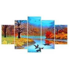 Autumn Red Trees Fall Forest River Landscape 5 Piece Panel Canvas Wall Art Decor