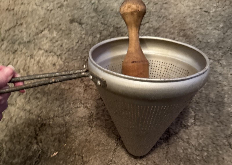 Vintage Aluminum Cone Sieve & Wood Pestle Canning Strainer See Pics 2 Pc.