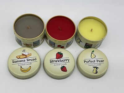 Scented candle tins, package of 3, Strawberry, Banana Bread, Perfect Pear