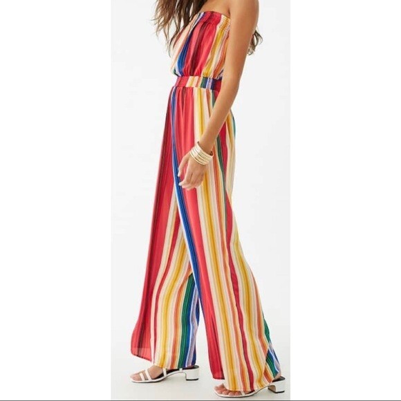 FOREVER NEW FOREVER 21 MULTICOLOR STRIPED STRAPLESS PALAZZO SATIN PULL ON JUMPSUIT SZ: M NWT