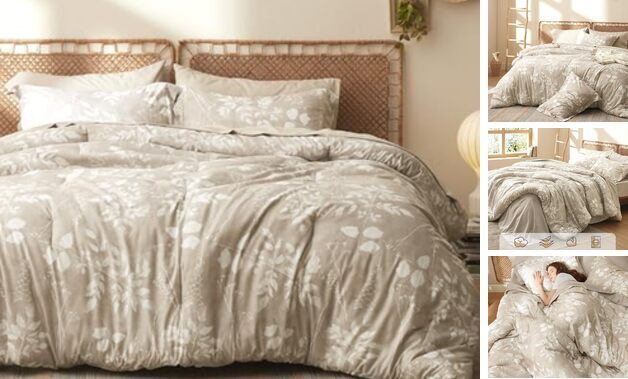 Comforter Set - 7 Pieces Beige Floral Bedding Sets Bed in a King 03 - Beige-image