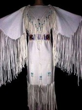 Women Native American Buckskin Leather Long Wedding Dress Pow-wow White Dress