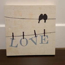 "Love" with 2 Birds Perched on Wire Stretched Canvas, 11.5" x 11.5"
