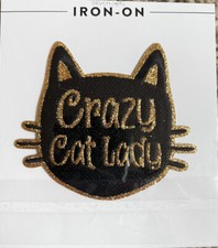 Crazy Cat Lady Gold Glitter on Black Cat Head Embroidered Iron On Patch