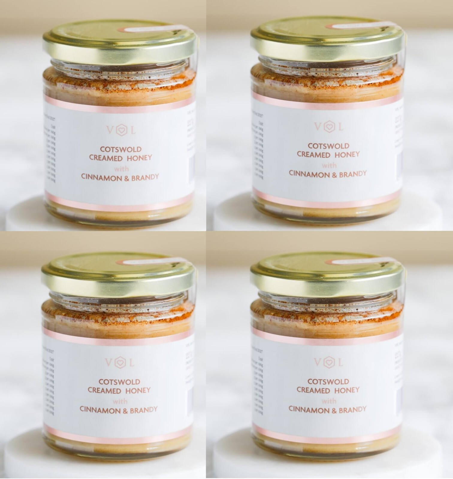 4  Jars 227g of Cotswold Creamed Honey with Cinnamon & Brandy by V&L Honeymakers