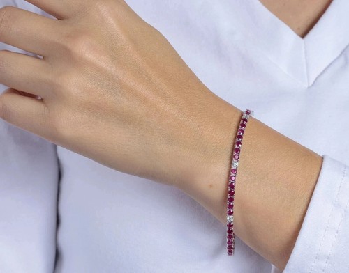 14K White Gold Plated Lab Created Red Ruby Women's Tennis Bracelet 6Ct Round Cut - Picture 3 of 7