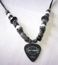 Harley Davidson Custom Metal Bar Shield Black Beaded Leather Cord Necklace