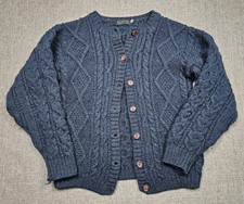 Blarney Woollen Mills Sweater Womens Medium Blue Wool Aran Cable Cardigan Knit
