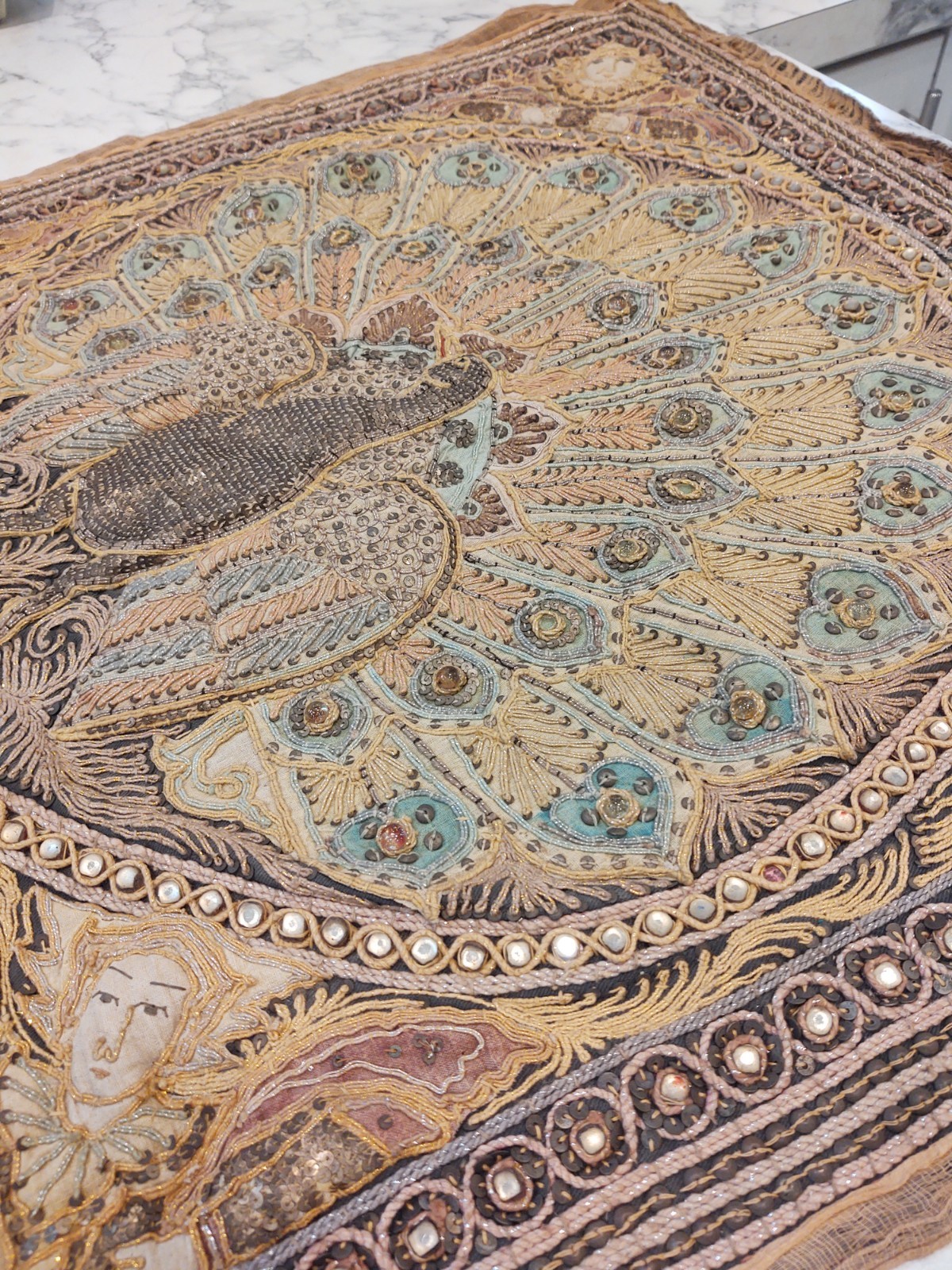 Sequin PEACOCKS Burmese KALAGA Hand-Embroidery Tapestry Wall Hanging 35 x 26 In