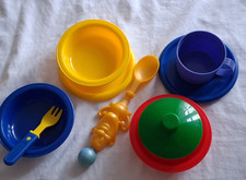 Colorful Plastic Pretend Play Dish  Tea Set with Bowls, Cups, Spoons, Forks